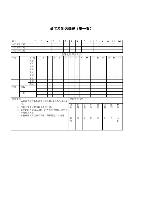 公司员工考勤记录表