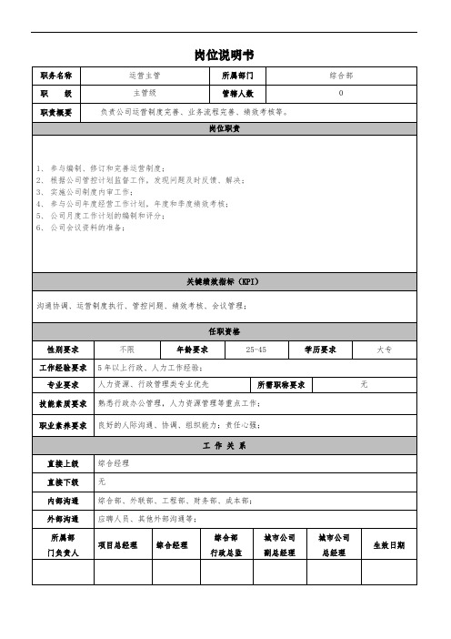 运营主管岗位说明书