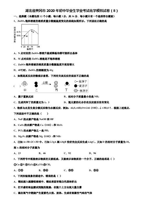 【附20套中考模拟试卷】湖北省黄冈市2020年初中毕业生学业考试化学模拟试卷(8)含解析