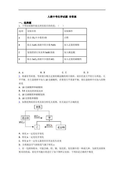 人教中考化学试题 含答案