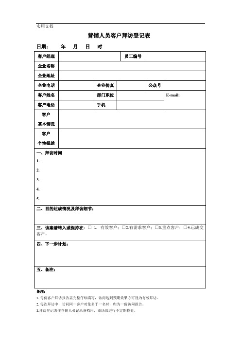 营销人员客户拜访登记表