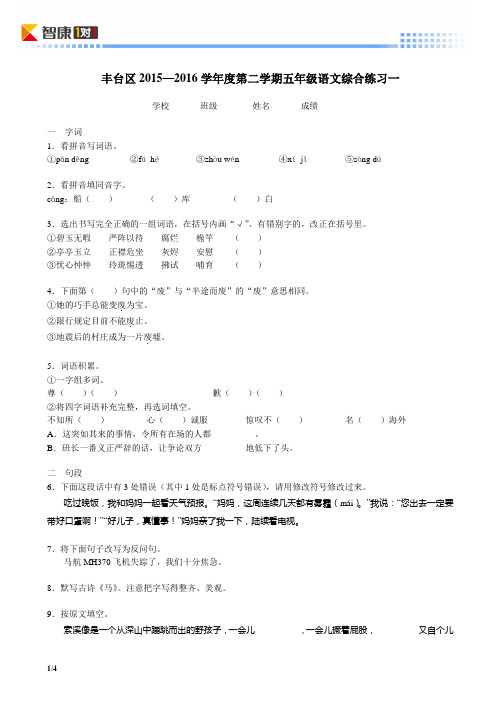 2015-2016年北京丰台区五年级语文下册期末考试试卷(一)