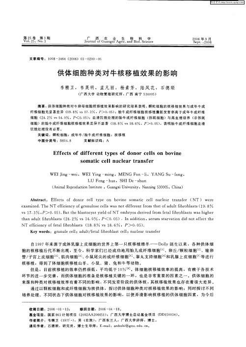 供体细胞种类对牛核移植效果的影响