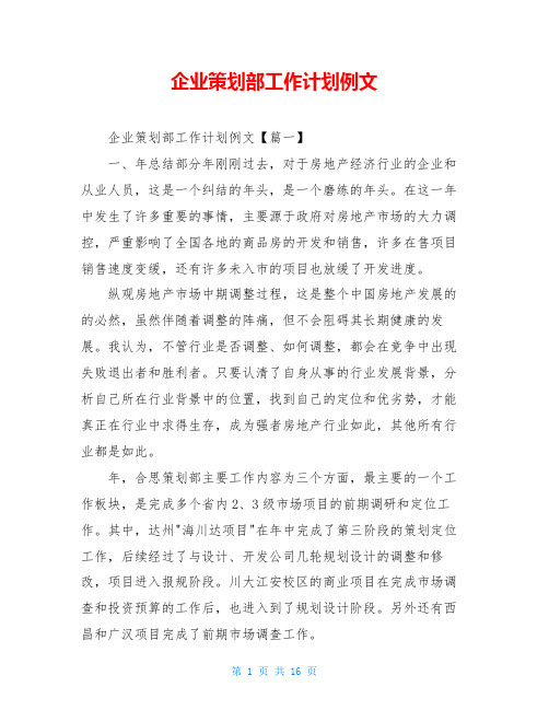 企业策划部工作计划例文