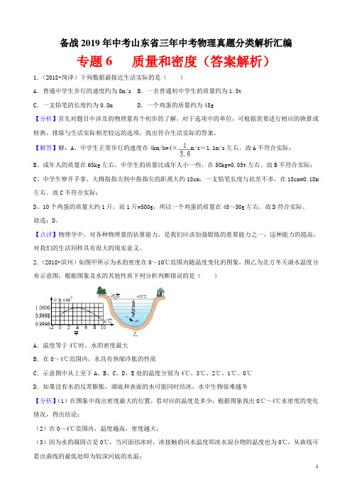 备战2019年中考山东省三年中考物理真题分类解析汇编——专题6 质量和密度(答案解析)