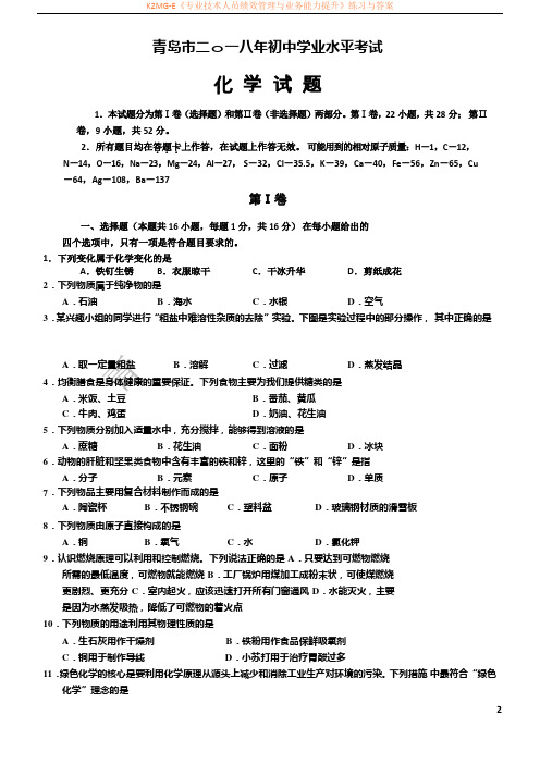 山东省青岛市2018年中考化学试题及答案(word版)