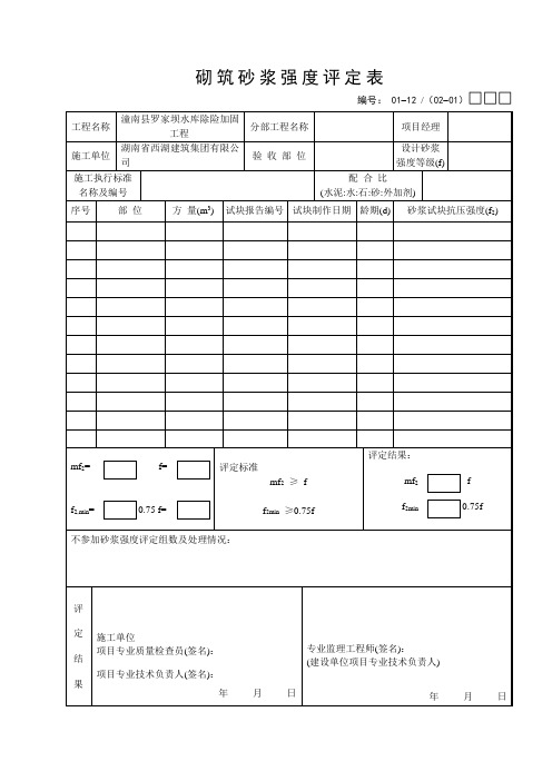 01-12：砌筑砂浆强度评定表