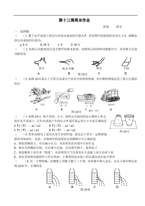 苏科版八年级物理第二学期第十三周周末作业