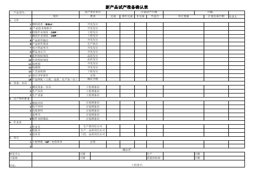 新产品试产准备确认表