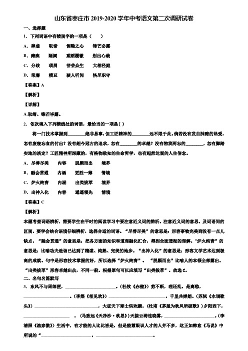 山东省枣庄市2019-2020学年中考语文第二次调研试卷含解析