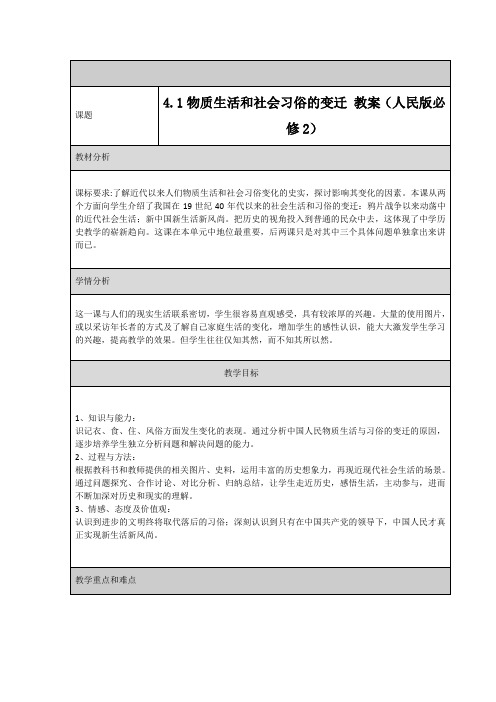 4.1物质生活和社会习俗的变迁教案(人民版必修2)
