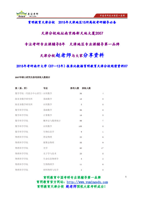 2015年考研南开大学(07—12年)报录比数据育明教育天津分校绝密资料07