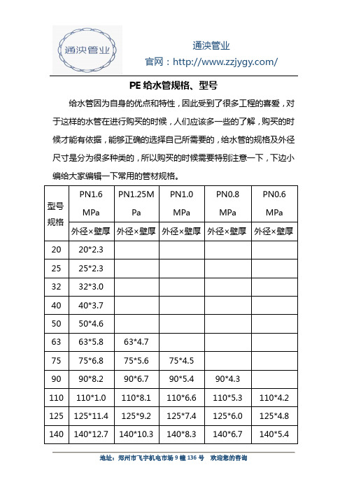 PE给水管规格、型号