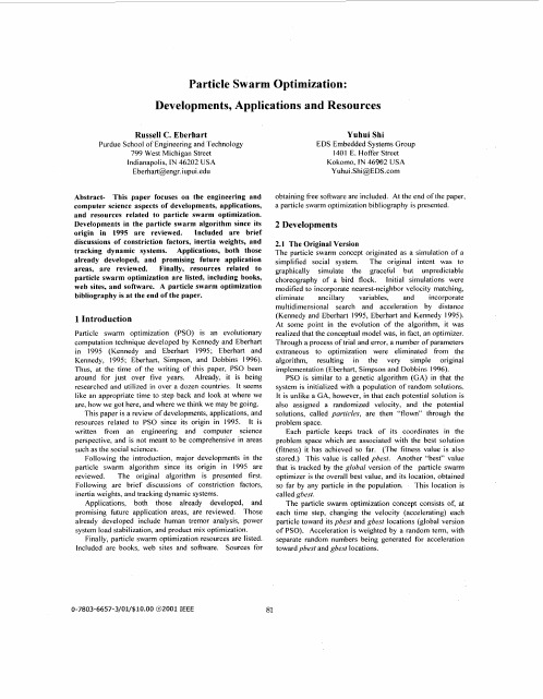 Particle swarm optimization_ Developments, applications and resources
