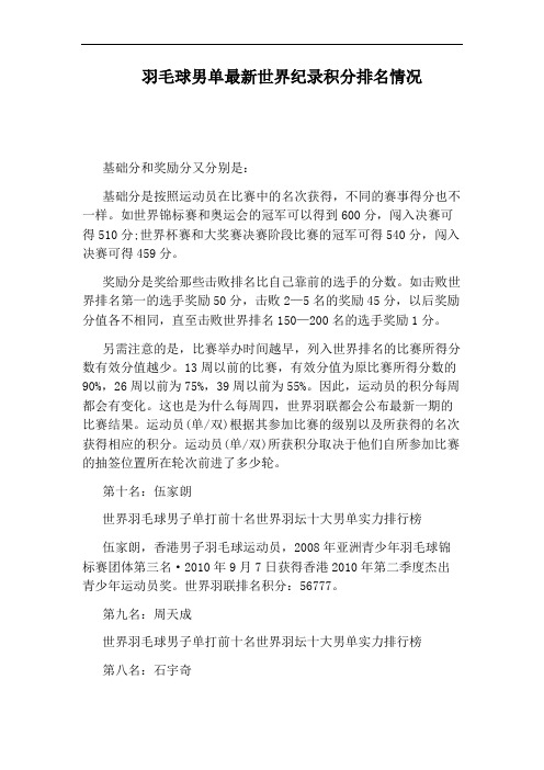羽毛球男单最新世界纪录积分排名情况