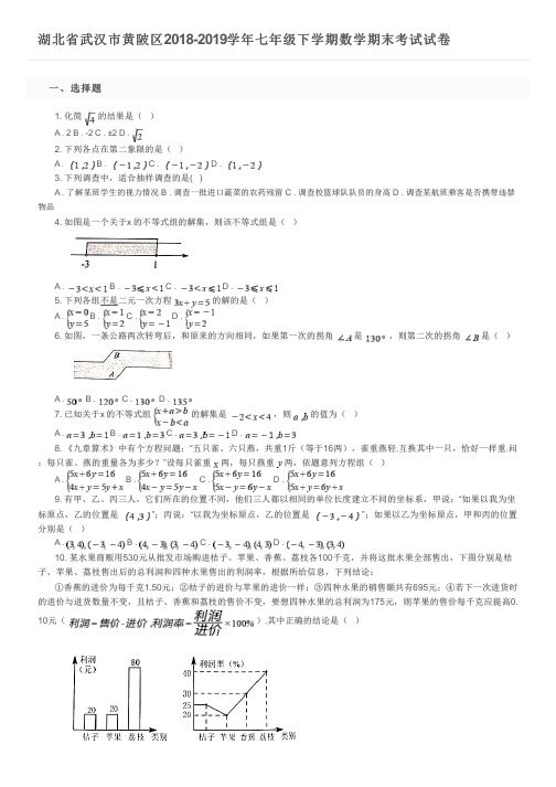 湖北省武汉市黄陂区2018-2019学年七年级下学期数学期末考试试卷及参考答案