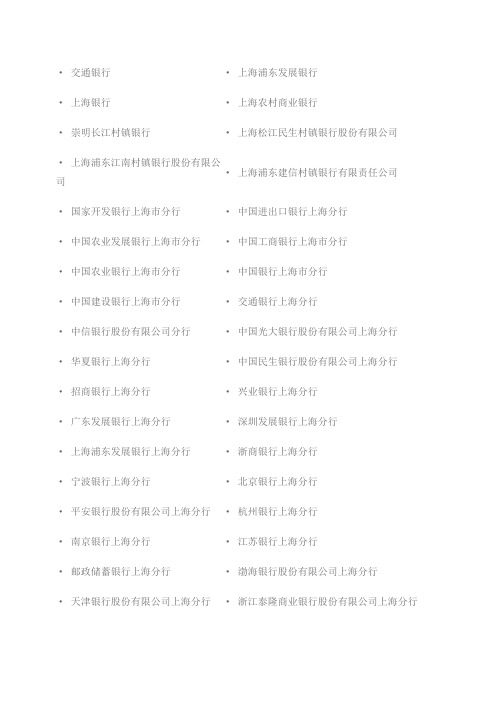 上海银行业金融机构名单
