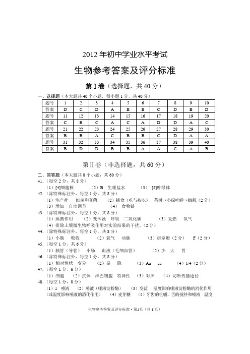 昭通市2013生物学业水平答案