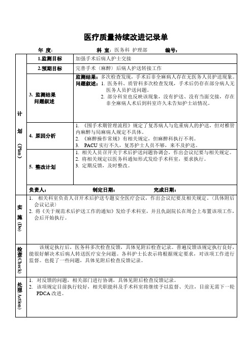 加强手术后病人护士交接PDCA持续质量改进记录表PDCA模板
