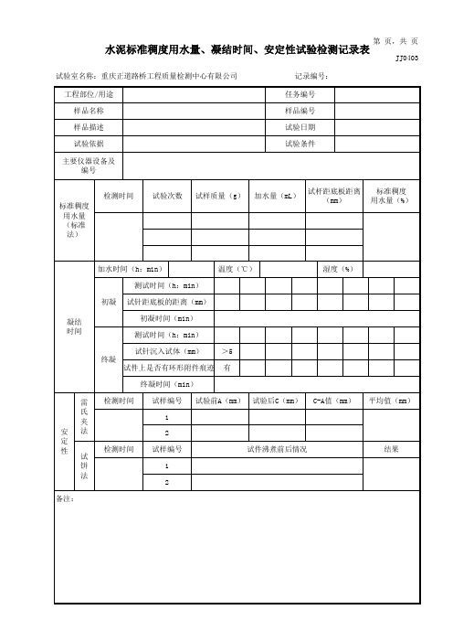 JJ0403水泥标准稠度用水量、凝结时间、安定性试验检测记录表01