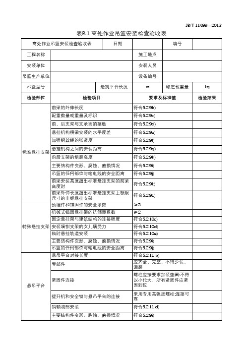 表B.1 高处作业吊篮安装检查验收表 JBT 11699-2013