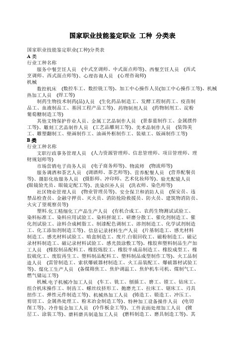 国家职业技能鉴定职业工种分类表