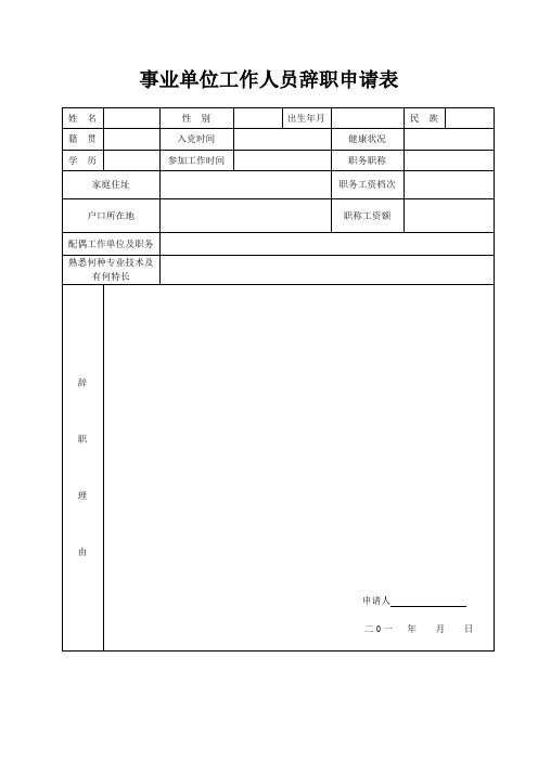 事业单位工作人员辞职申请表
