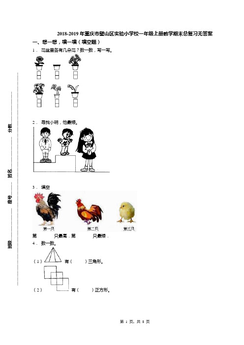 2018-2019年重庆市璧山区实验小学校一年级上册数学期末总复习无答案