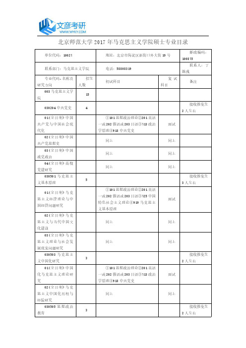 北京师范大学2017年马克思主义学院硕士专业目录_北师大考研论坛