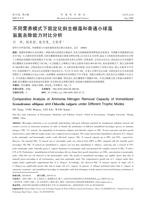 不同营养模式下固定化斜生栅藻和普通小球藻氨氮去除能力对比分析