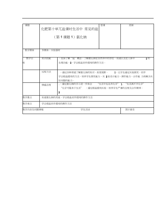 九年级化学下册第十一单元课题1生活中常见的盐教案1人教新课标版