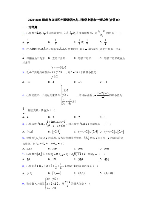 2020-2021深圳市盐田区外国语学校高三数学上期末一模试卷(含答案)