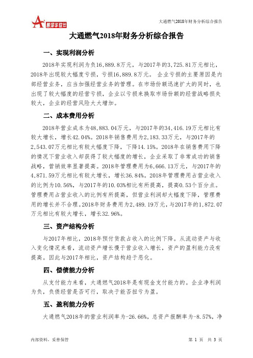 大通燃气2018年财务分析结论报告-智泽华