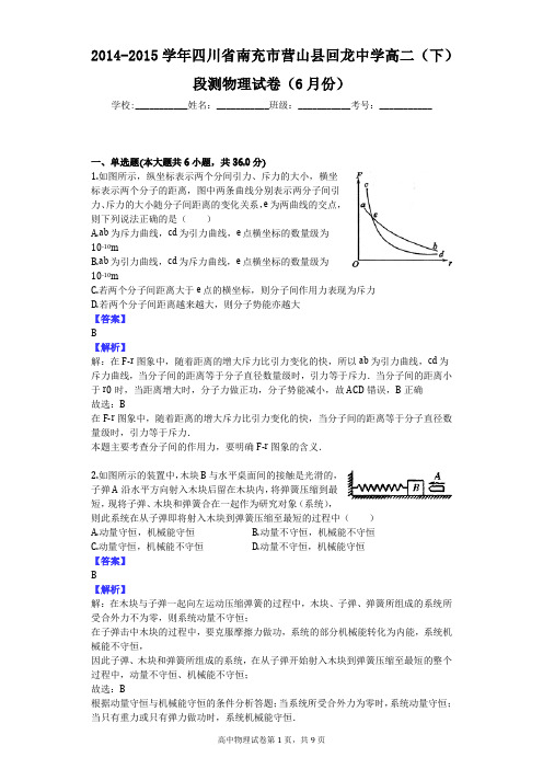 2014-2015学年四川省南充市营山县回龙中学高二(下)段测物理试卷(6月份)