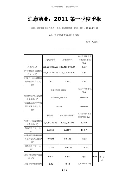 迪康药业：2011第一季度季报