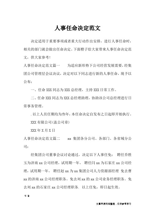 人事任命决定范文_行政公文