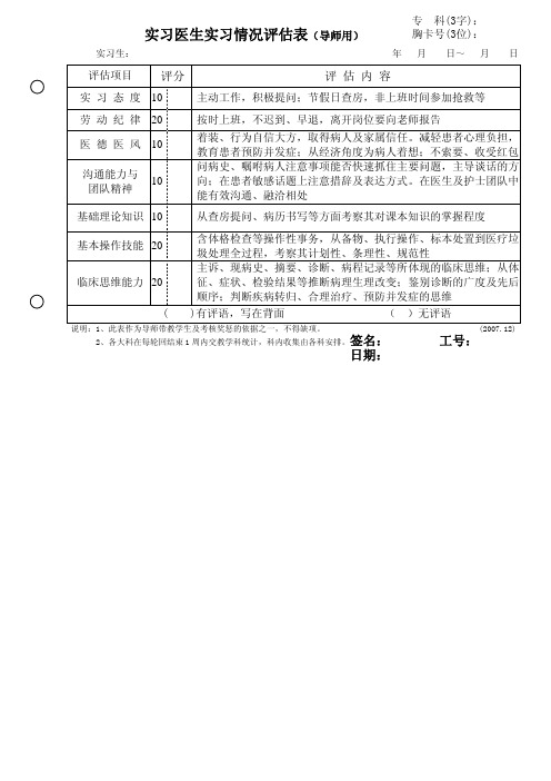 实习医生实习情况评估表(导师用)