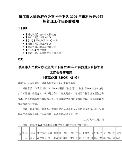 镇江市人民政府办公室关于下达2009年市科技进步目标管理工作任务的通知