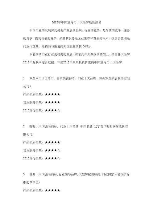 2012年中国室内门十大品牌最新排名