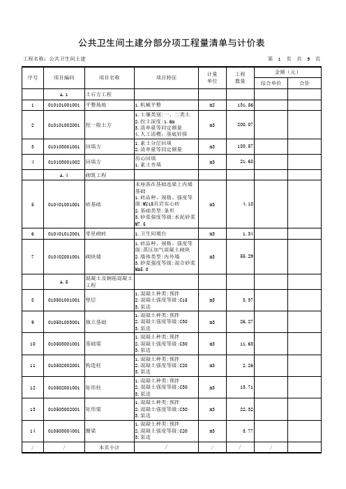 公共卫生间土建分部分项工程量清单与计价表
