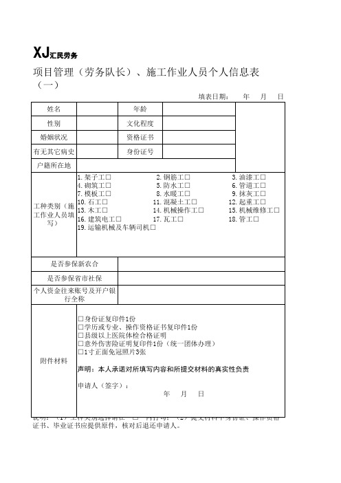 项目管理(劳务队长)、施工作业人员个人信息表(一)