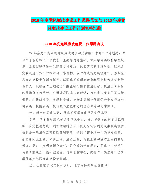 2018年度党风廉政建设工作思路范文与2018年度党风廉政建设工作计划表格汇编.doc