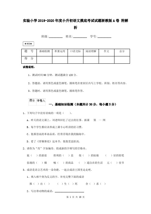 实验小学2019-2020年度小升初语文摸底考试试题浙教版A卷 附解析