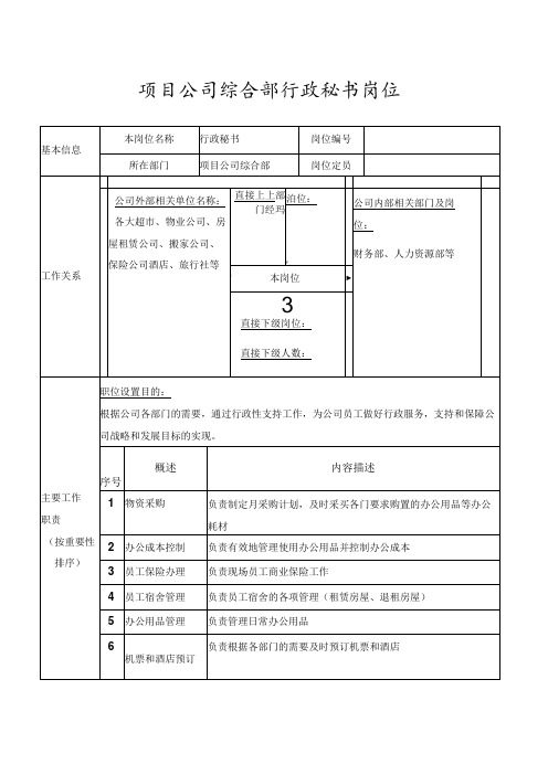 项目公司综合部行政秘书岗位