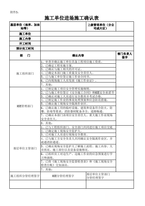 施工单位进场施工确认表