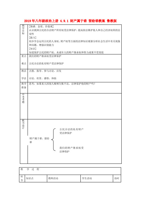 2019年八年级政治上册-4.9.1-财产属于谁-留给谁教案-鲁教版