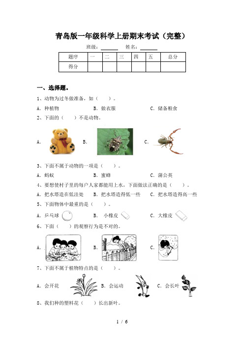 青岛版一年级科学上册期末考试(完整)