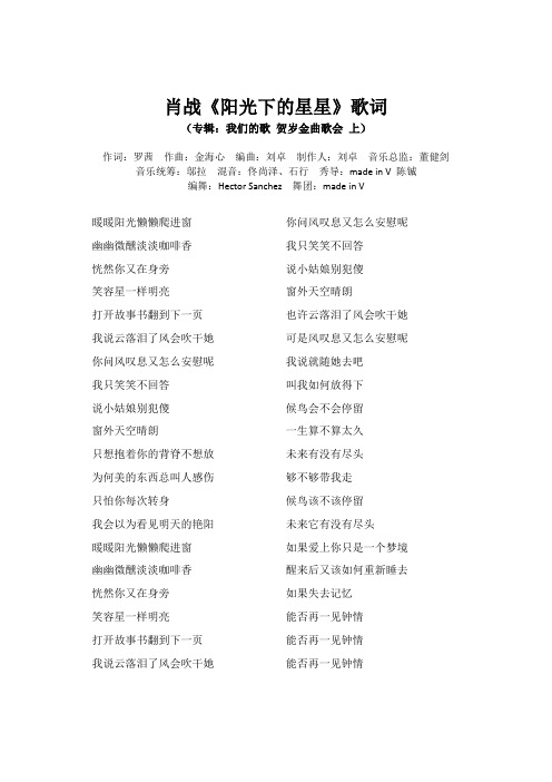 肖战《阳光下的星星》歌词(专辑：我们的歌 贺岁金曲歌会 上)