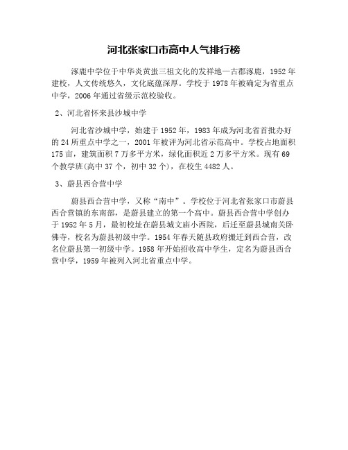河北张家口市高中人气排行榜
