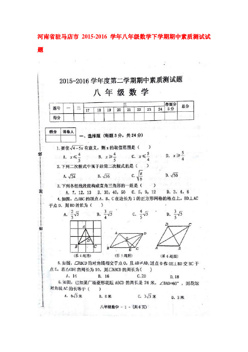 河南省驻马店市2015-2016学年八年级数学下册期中试题